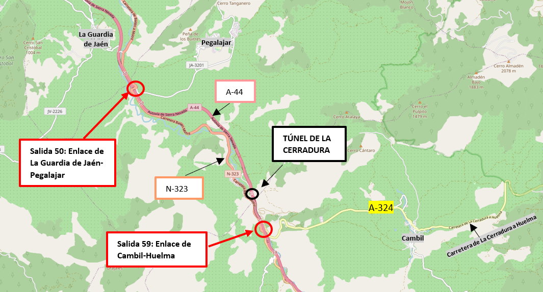 Afecciones al tráfico en el túnel de La Cerradura de la autovía A-44 por la realización de un simulacro de incendio